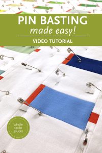 How to pin baste a quilt the easy way! Quilt basting without crawling around on the floor. No spray. On a table with curved pins. Make a quilt sandwich and ready for walking foot or free motion quilting! 
