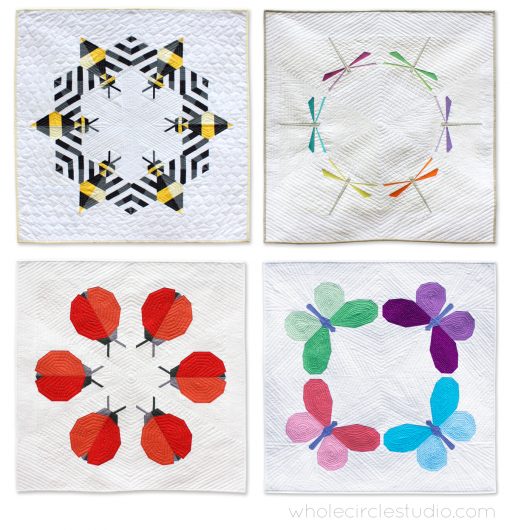 A series of insect quilts by Sheri CIfaldi-Morrill of Whole CIrcle Studio. Quilt patterns available at http://shop.wholecirclestudio.com/ The four patterns include designs that feature a bee, dragonfly, ladybug and butterfly. All patterns include foundation paper piecing and make wall hangings, mini quilts, lap / throw quilts, twin quilts and queen quilts.