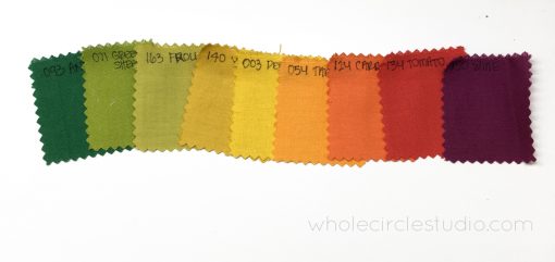 A beautiful gradient of fabric colors. A perfect call ombre reminiscent of changing autumn colors. This color palette is Painter's Palette Solids by Paintbrush Studio, curated by Sheri Cifaldi-Morrill of Whole Circle Studio
