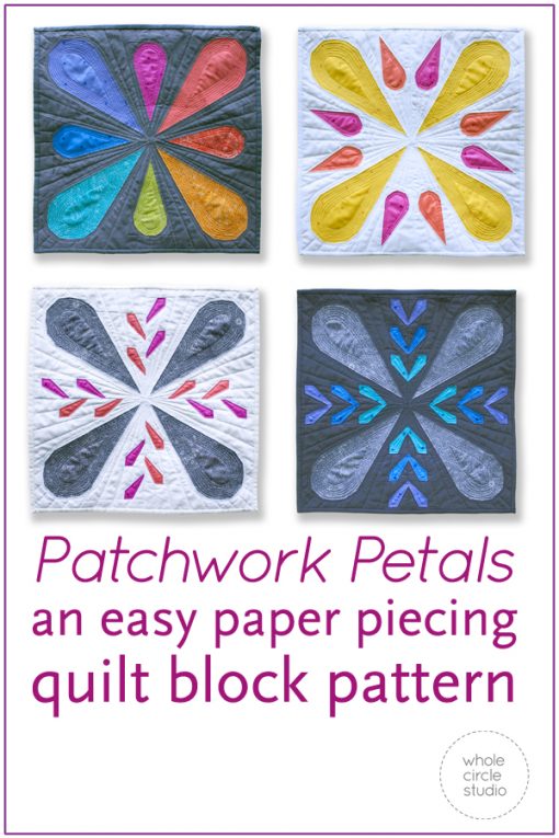 Patchwork Petals are fun, modern quilt blocks that make cute pillows, placemats and minis for quilt swaps. Make additional blocks to make a table runner, wall hanging, throw or large quilt (layout ideas included in the pattern). Mix and match blocks! Need a handmade housewarming or hostess gift? This is the perfect pattern! You’ll enjoy making these fully-tested, foundation paper pieced blocks. This pattern is fabric stash friendly! Scraps, fat eighths and fat quarters work great for the petal portions of this pattern. Use prints, solids and/or fussy-cut your favorite fabric for the petals.