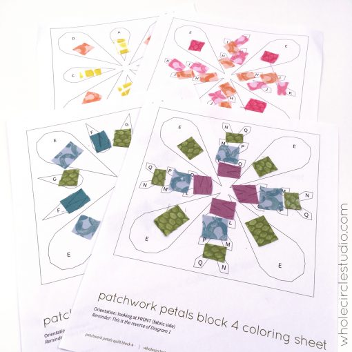 Playing with color and placement of fabrics with the Patchwork Petals Coloring Sheets (included with the pattern!)