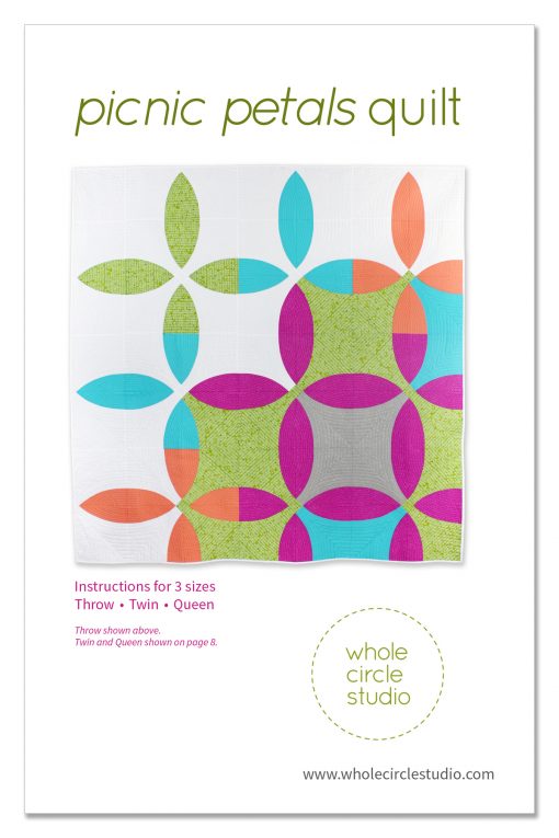 Picnic Petals quilt pattern. Picnic Petals is a modern quilt based on a traditional Flowering Snowball block. This tested pattern contains both detailed instructions and diagrams, making it easy to piece. Instructions are provided for three sizes: Throw, Twin and Queen.