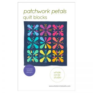 Patchwork Petals are fun, modern quilt blocks that make cute pillows, placemats and minis for quilt swaps. Make additional blocks to construct a table runner, wall hanging, throw or large quilt (layout ideas included in the pattern). Mix and match blocks! Need a handmade housewarming or hostess gift? This is the perfect pattern! You’ll enjoy making these fully-tested, foundation paper pieced blocks. This pattern is fabric stash friendly! Scraps, fat eighths and fat quarters work great for the petal portions of this pattern. Use prints, solids and/or fussy-cut your favorite fabric for the petals. Pattern by Whole Circle Studio.