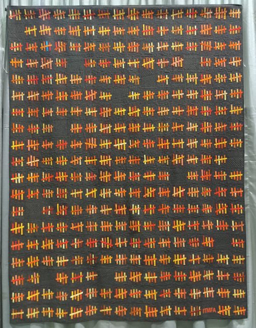 Modern quilt featured at QuiltCon 2019 — “This Is What Four Years Looks Like.” by Scott Lunt @starfireduluth Statement: “After the 2016 election I was moved to see what four years would look like in days. I settled on the tally mark symbol to represent this. The empty blocks represent a breather in the daily news cycle. The blue hash mark represents that special day.”