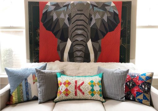 Letter K English Paper Piecing EPP Alphabet cute shabby chic quilted pillow made by Karen OConnor, Lady K Quilts, using Typecast EPP pattern with Elephant Quilt, pattern by Violet Craft overlooking.
