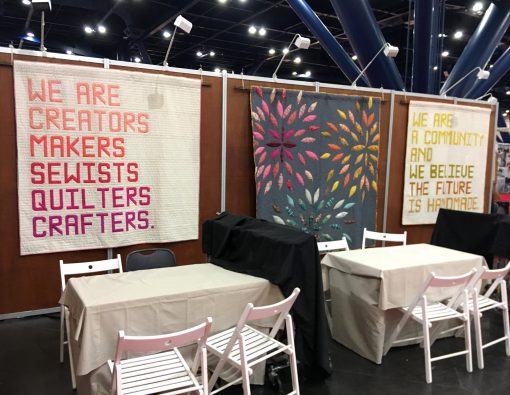 Makers' Manifesto quilt made with Typecast foundation paper piecing pattern by Whole Circle Studio, with Art Gallery Fabrics PURE Solids and Aurifil 50wt cotton thread. Shown at International Quilt Market 2019 in Houston.