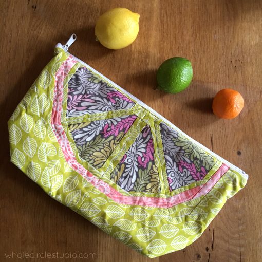 A perfect gift to make (and way to organize your sewing supplies or other things like snacks). Make a pouch. Pattern by Noodlehead. Incorporating Citrus Slices block by Whole Circle Studio
