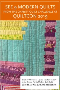 Modern quilt featured in the Charity Quilt Exhibit at QuiltCon 2019 — All Stacked Up and Nowhere to Go by the Central Florida Modern Quilt Guild