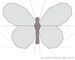 The finalized version of Butterfly Bunch quilt block. A foundation paper piecing pattern drawn in Adobe Illustrator. Pattern is available as a PDF download.