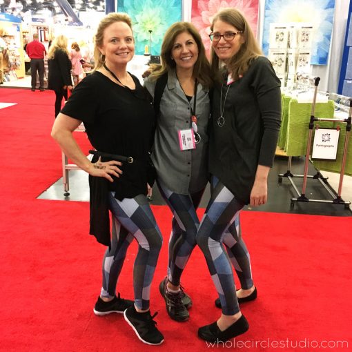 Quilters wearing Hexie Blues leggings, designed by Sheri Cifaldi-Morrill | Whole Circle Studio. 