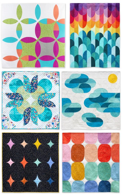 Curved quilt patterns by Whole Circle Studio: Drunkards Path and Flowering Snowball quilt blocks. Patterns by Whole Circle Studio