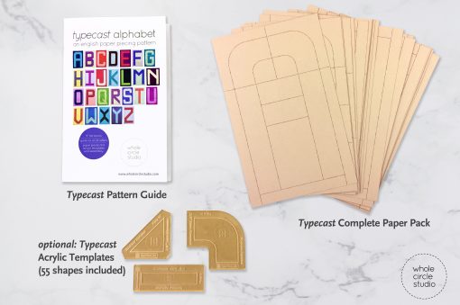 Typecast, an English Paper Piecing (EPP) Pattern Make all 26 letters of the alphabet. Each block measures approximately 6” x 9”. This fully tested pattern guide contains detailed instructions, tips and diagrams to walk quilters through the variety of EPP straight line and curved piecing skills they will use while making Typecast blocks. Required English Paper Pieces and optional acrylic templates not included. Pattern by Whole Circle Studio