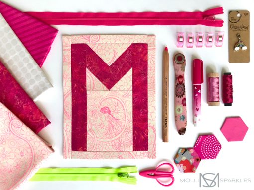 Letter M English Paper Piecing EPP Alphabet modern quilted pouch made by Molli Sparkles, using Typecast EPP pattern. 