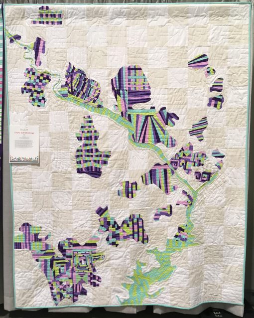 Pieces of Us by the Washington DC Modern Quilt Guild (Rockville, Maryland, United States) Statement: “Pieces of Us” was inspired by a map depicting all zip codes that contain DCMQG membership in the national capital region. The greater metropolitan area of DC-Maryland-Virginia can seem far flung at times but, in the end, fabric and fiber weaves through us all and we feel like a close group of like-minding, modern makers! Members sewed improvisationally with small pieces of colored fabric and those segments were used to represent areas where DCMQG members live in all the cities, suburbs, and states that make up the diverse Washington, D.C. region. Appliqué and reverse applique techniques were used to place the zip code areas and Potomac and Anacostia Rivers on a neutral background grid. Displayed at QuiltCon 2019 in Nashville, Tennessee.