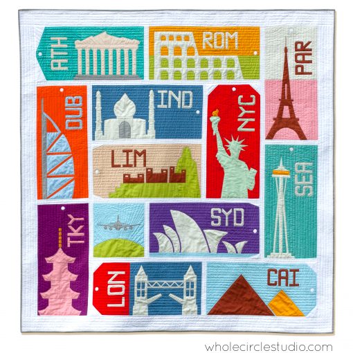 Around the World travel themed block of the month program. Make these blocks / mini quilts that celebrate architecture from around the world. Foundation paper pieced quilt sew along. Available at wholecirclestudio.com