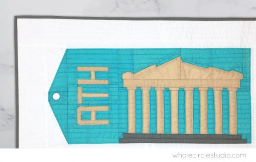 Parthenon (Athens, Greece) quilt block made with Art Gallery Fabrics Pure Solids. Foundation paper piecing pattern, part of Around the World Block of the Month Quilt Sew Along