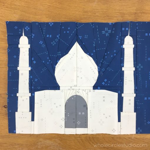 Taj Mahal (India) quilt block made with Art Gallery Fabrics Elements. Foundation paper piecing pattern, part of Around the World Block of the Month Quilt Sew Along