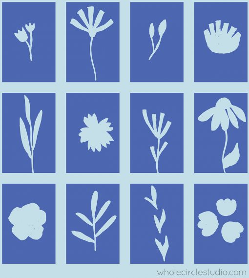 preliminary digital sketch for Botanical Beauties quilt in a grid layout.