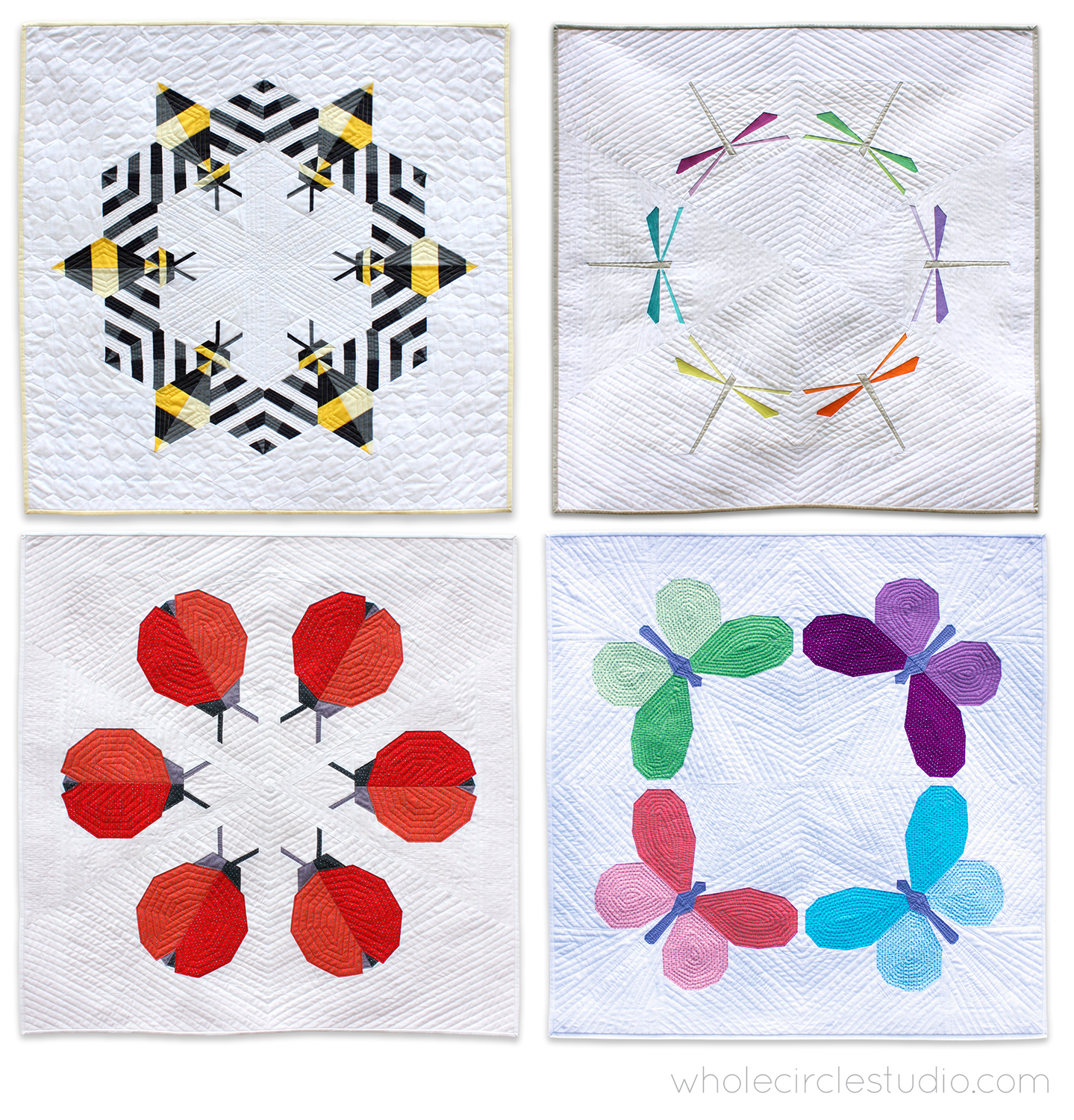 4 modern insect quilts. Bees, dragonflies, ladybugs, and butterflies arranged in circles