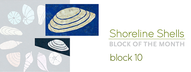 graphic with text: "Shoreline Shells: Block of the Month Block 8" and image of abstract tellin shell quilt blocks