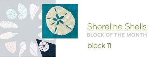 graphic with text: "Shoreline Shells: Block of the Month Block 8" and image of abstract sand dollar quilt blocks