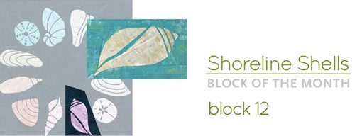 graphic with text: "Shoreline Shells: Block of the Month Block 8" and image of abstract lightening welk shell quilt blocks