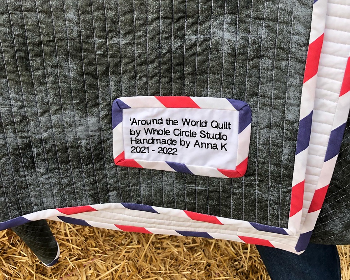 close up of a quilt label