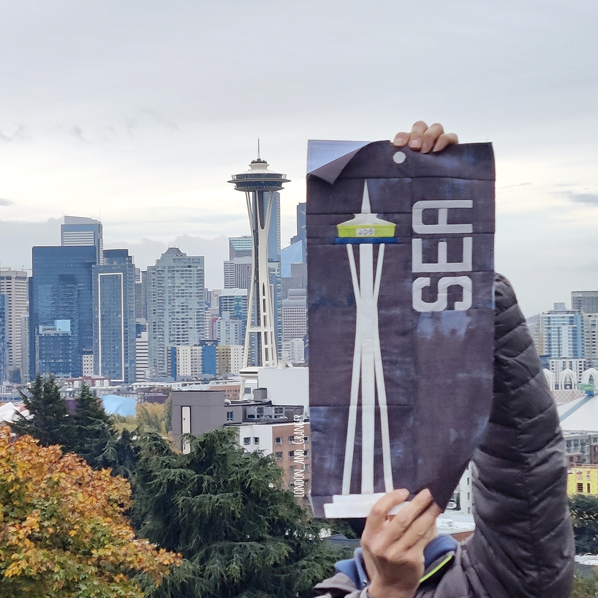 Quilt Block that looks like the Seattle Space Needle. Photo taken with Seattle in the background.