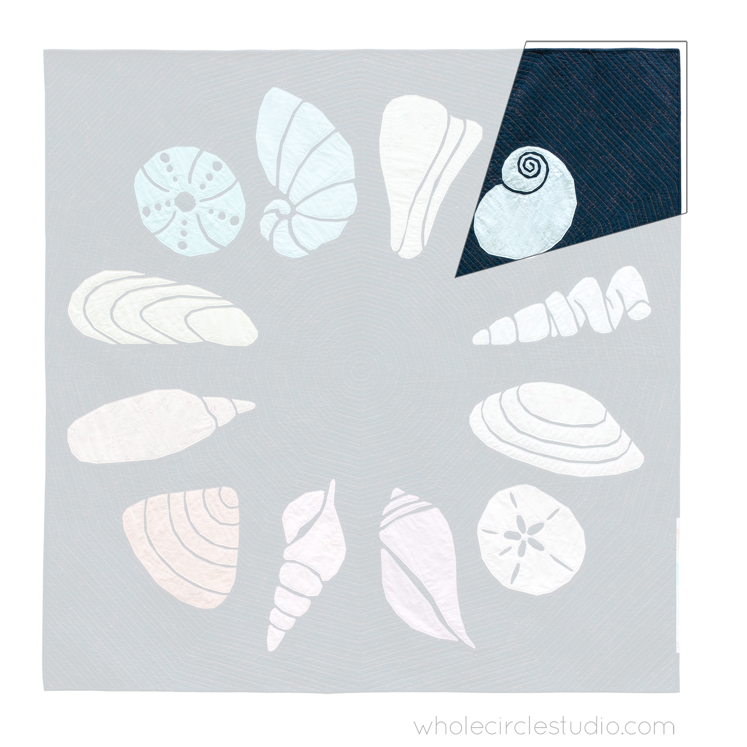 quilt with 12 sea shells in a circle, block in upper right corner highlighted: snail shell
