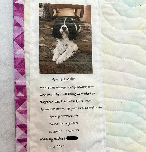 quilt label with a tribute to a pet