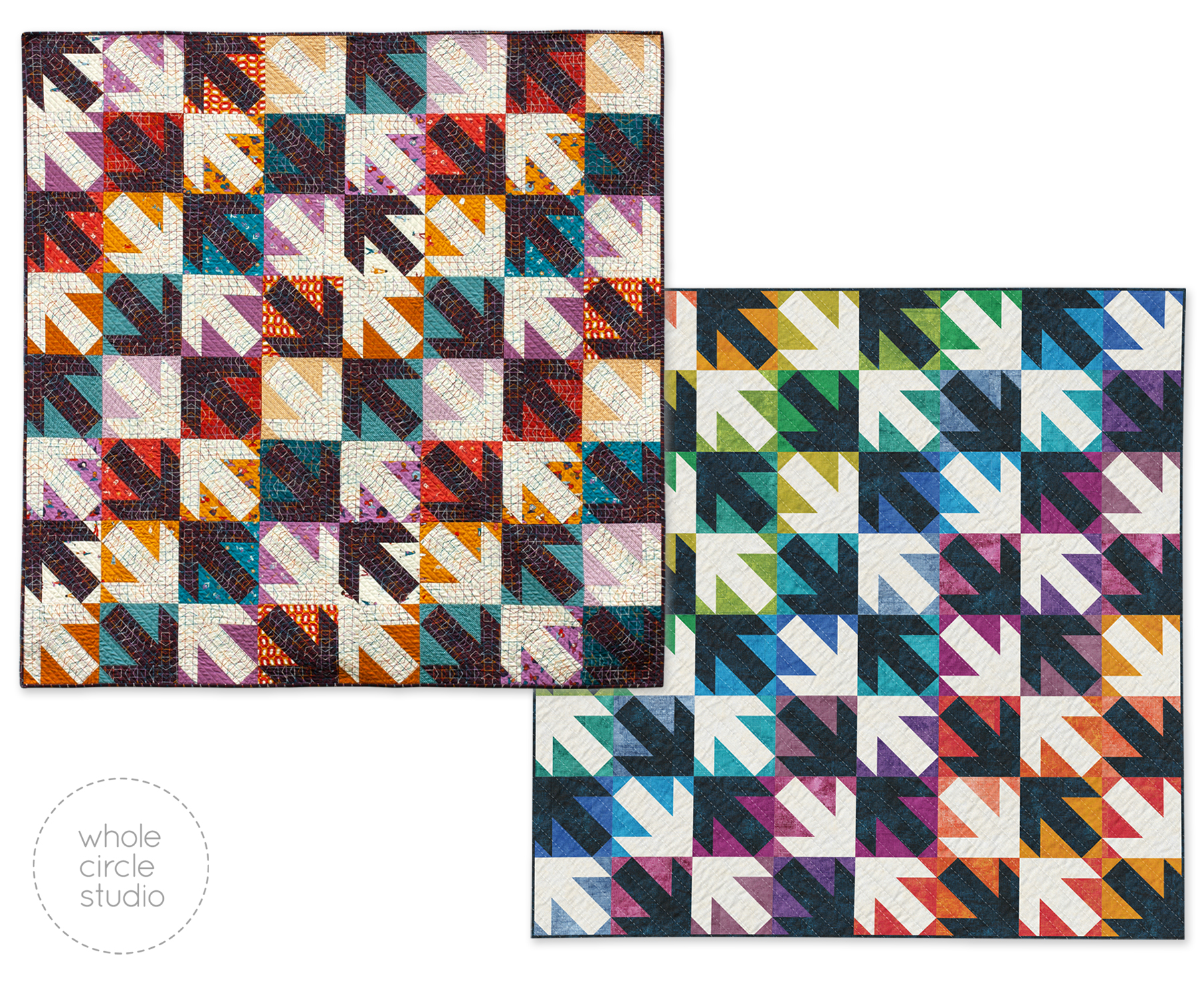 two quilts with arrows and diagonal stripes