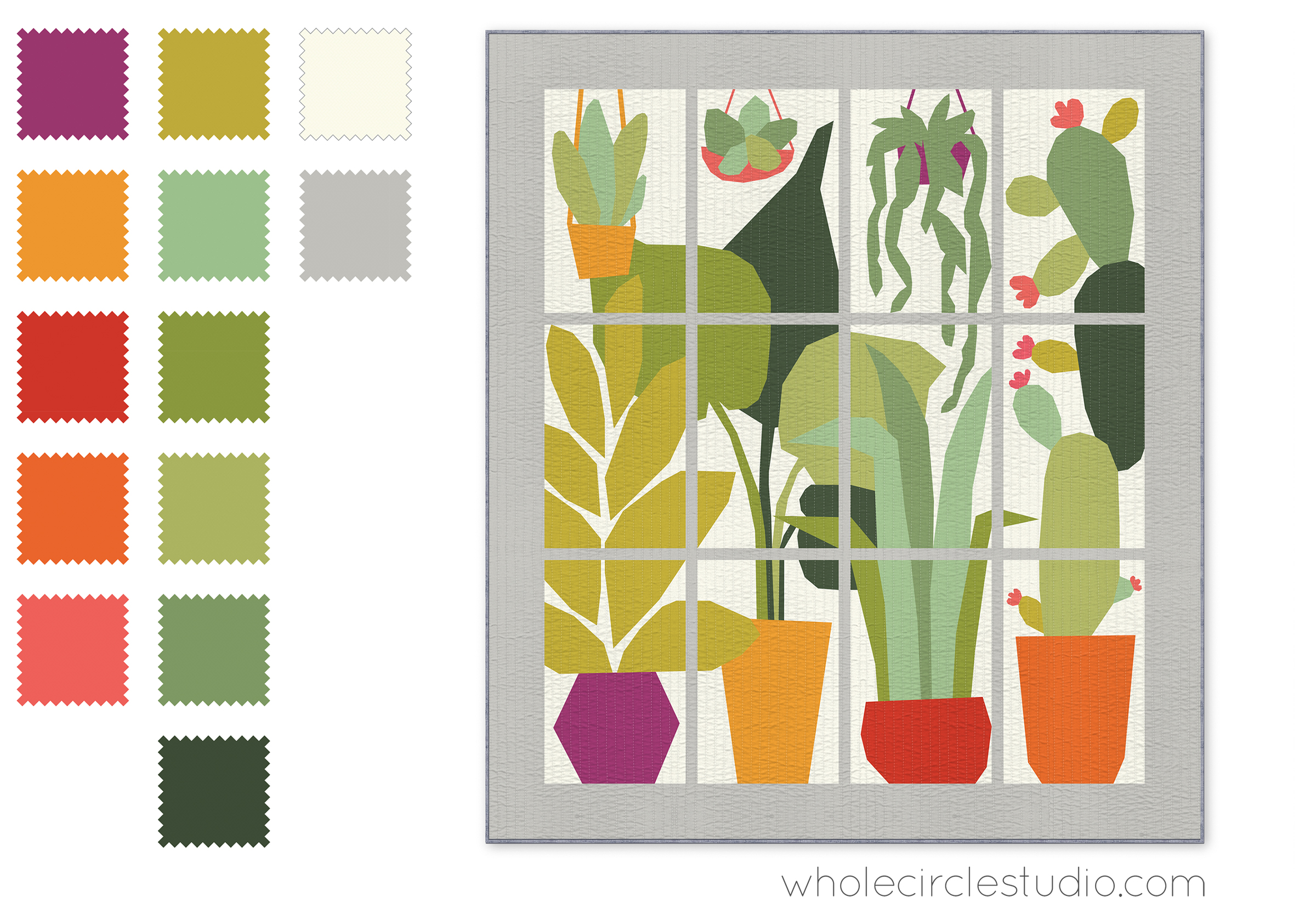 fabric swatches and illustration of Cactus and potted plants in a window.