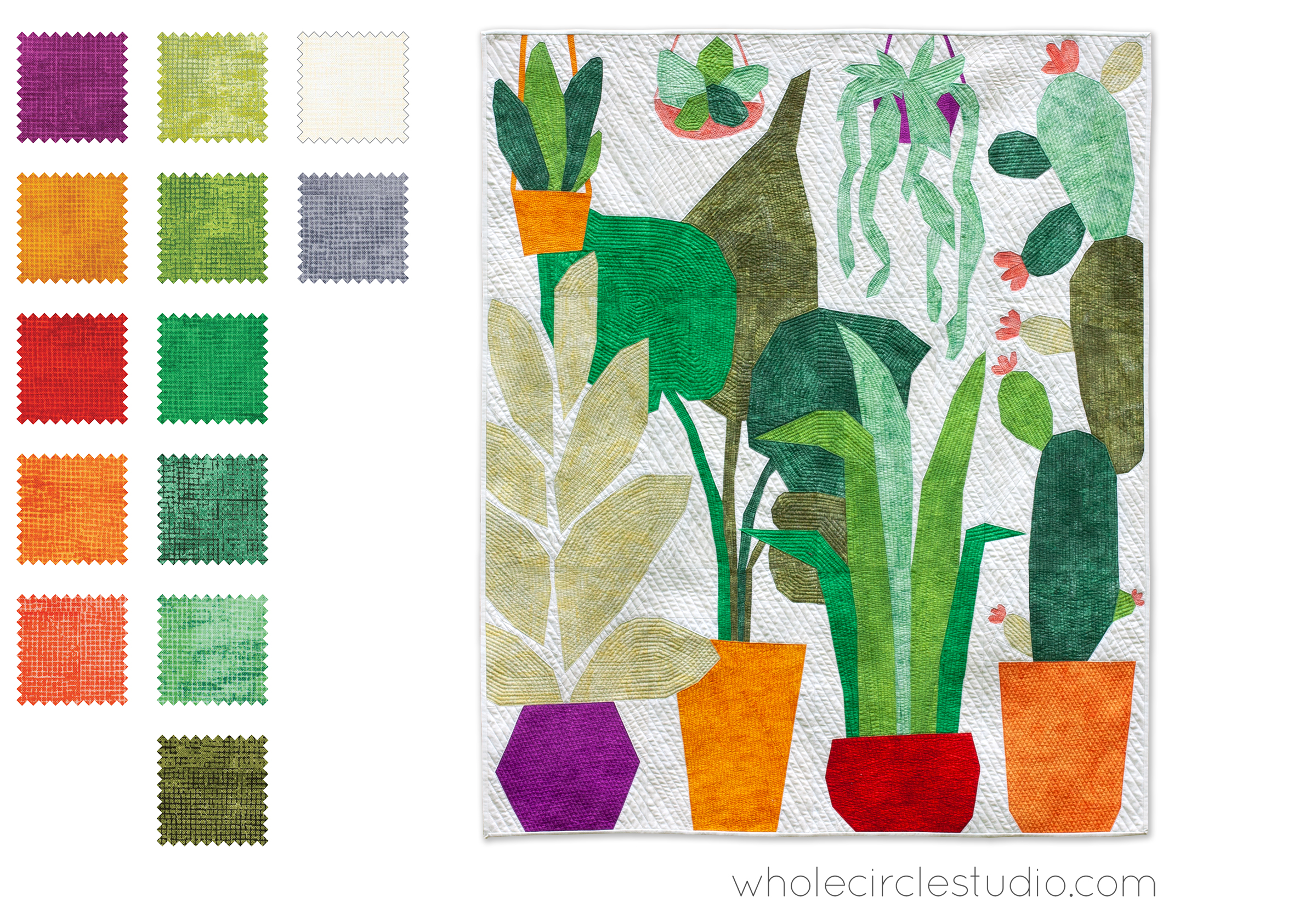 fabric swatches and illustration of Cactus and potted plants in a window.