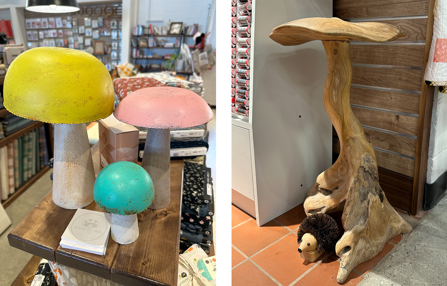 wooden sculptures of mushrooms