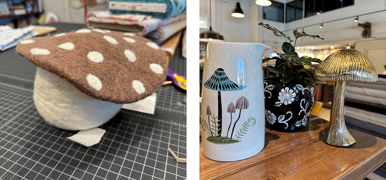 felted sculpture and pitcher with illustration of mushrooms