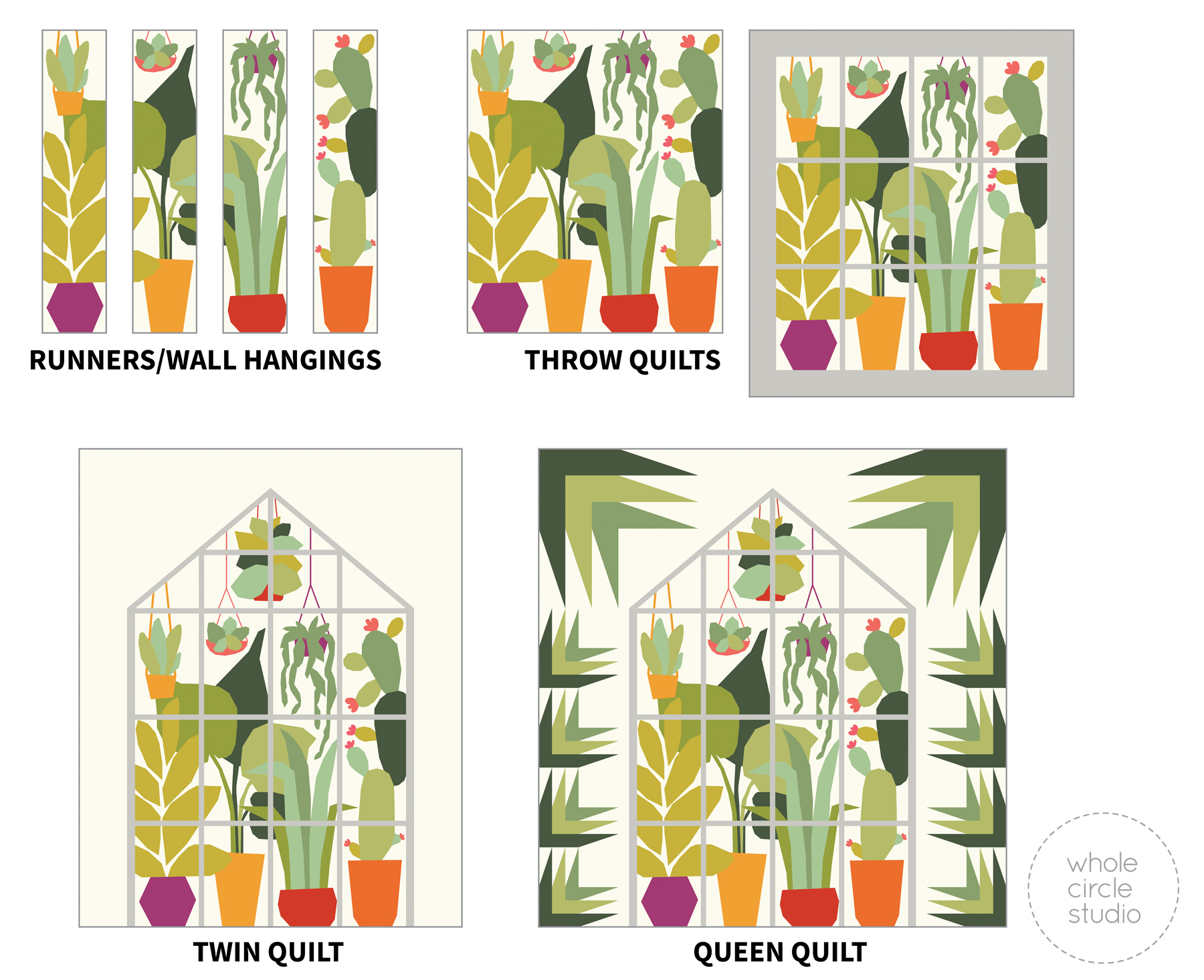 diagram of different size quilt options for a plant greenhouse themed design