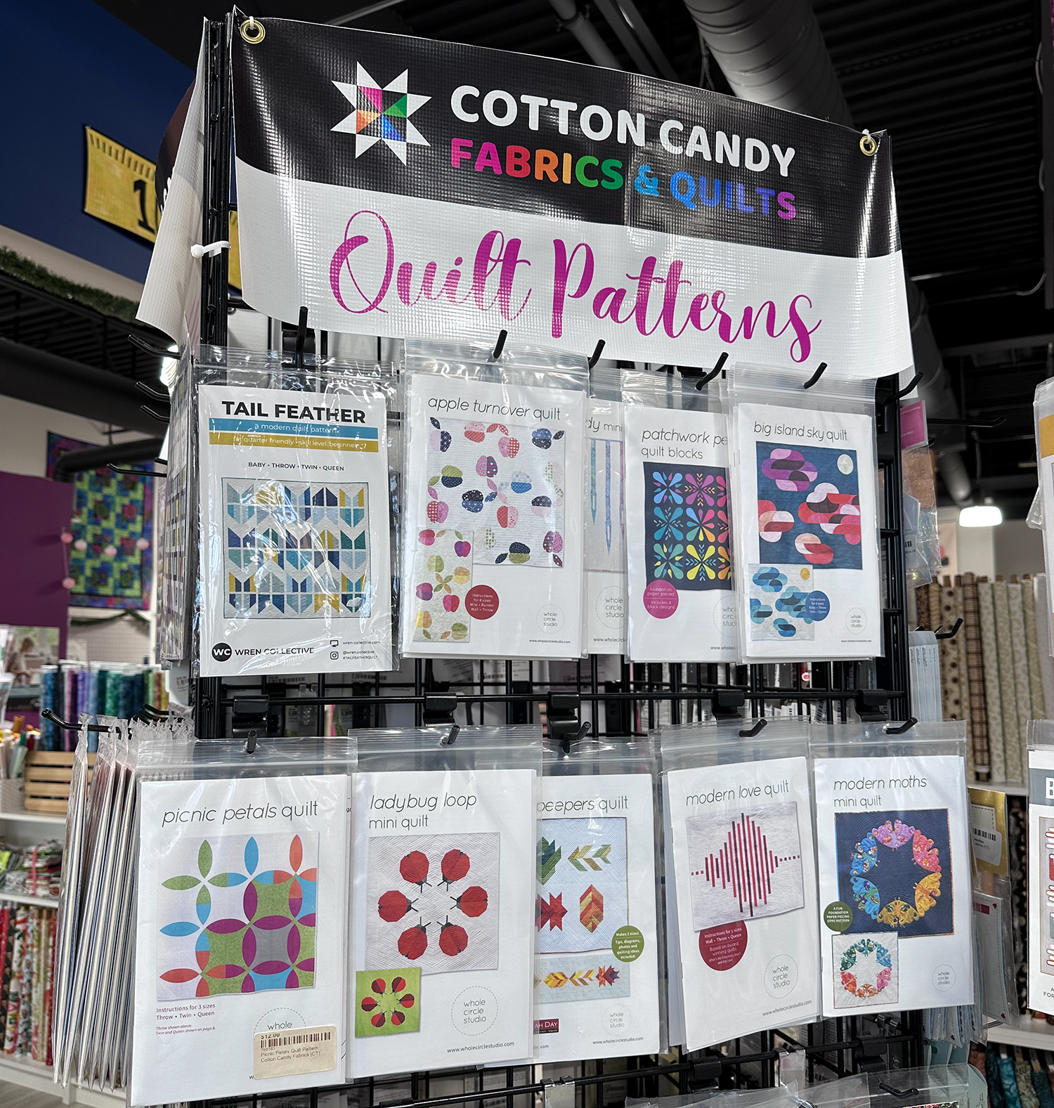 display of quilt patterns and instructions