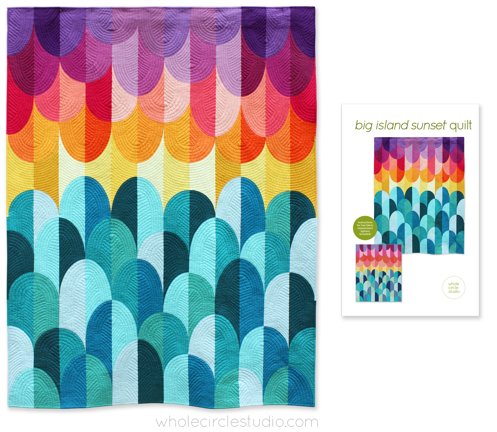 a colorful quilt with curve blocks that resembles a sunset over water waves.