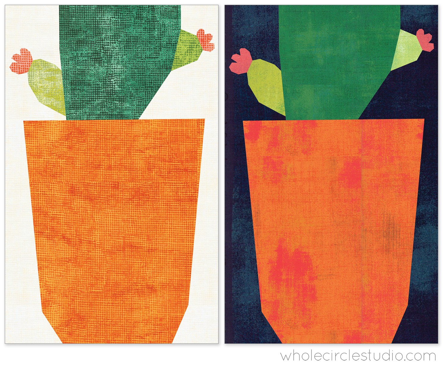 quilt block illustration of planter and leaves. One on a light background, one on a dark background