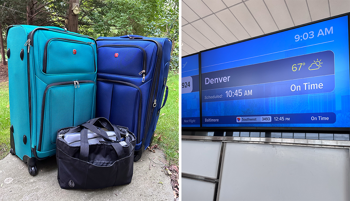 luggage and television screen with flight info for Denver, Colorado
