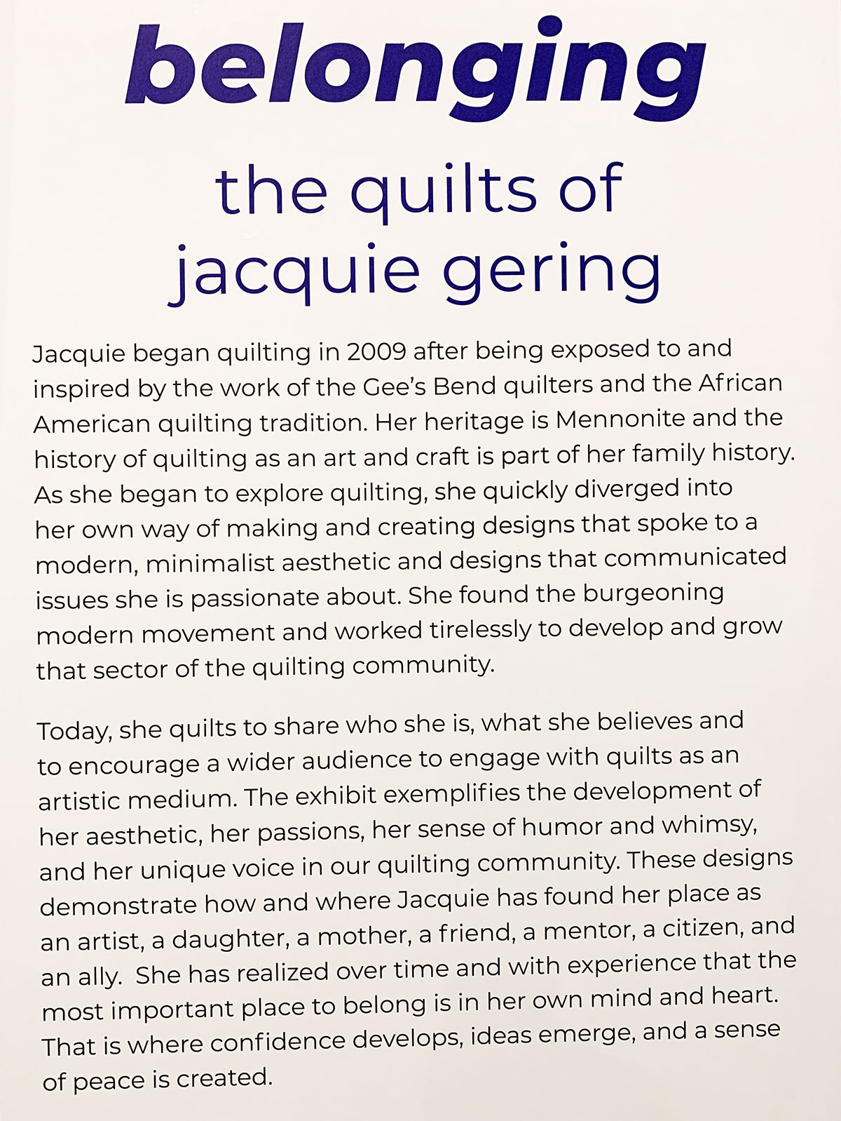 graphic panel for Belonging—the quilts of jacquie gering exhibit