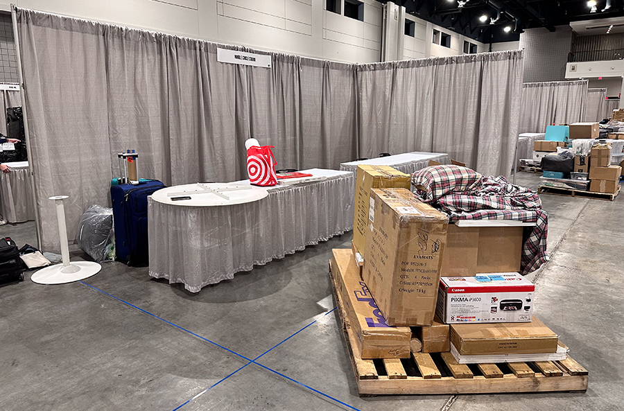 palette of boxes in a convention center