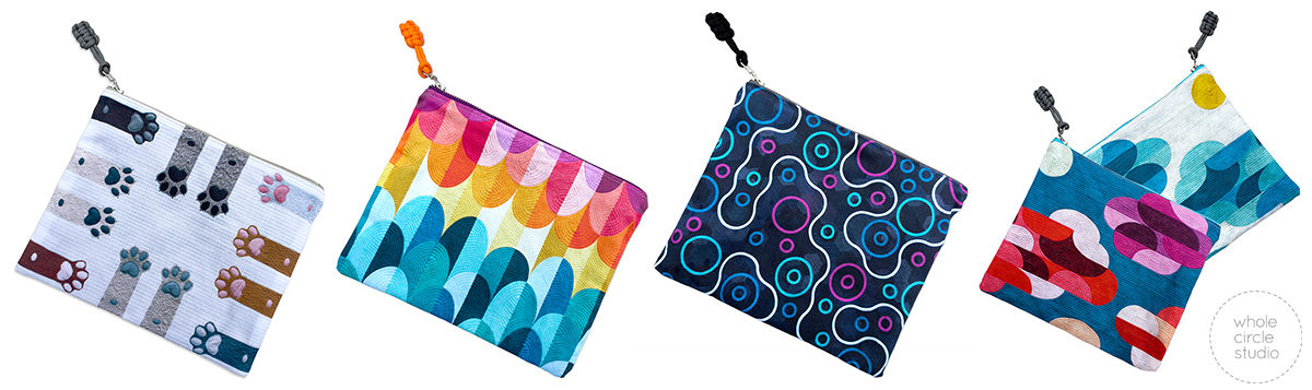 4 zipper pouches with colorful quilt designs