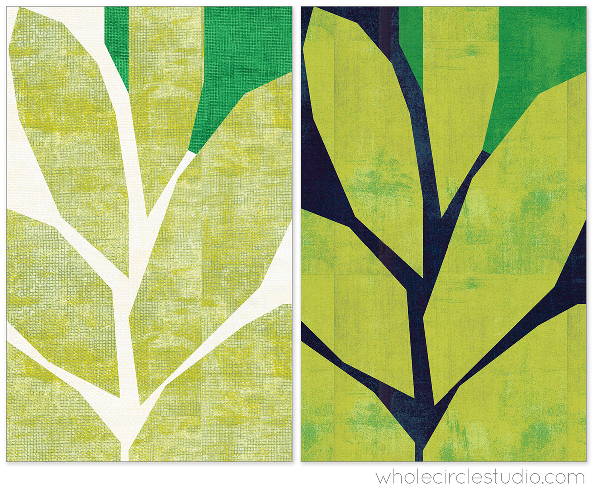 quilt block illustration of leaves. One on a light background, one on a dark background