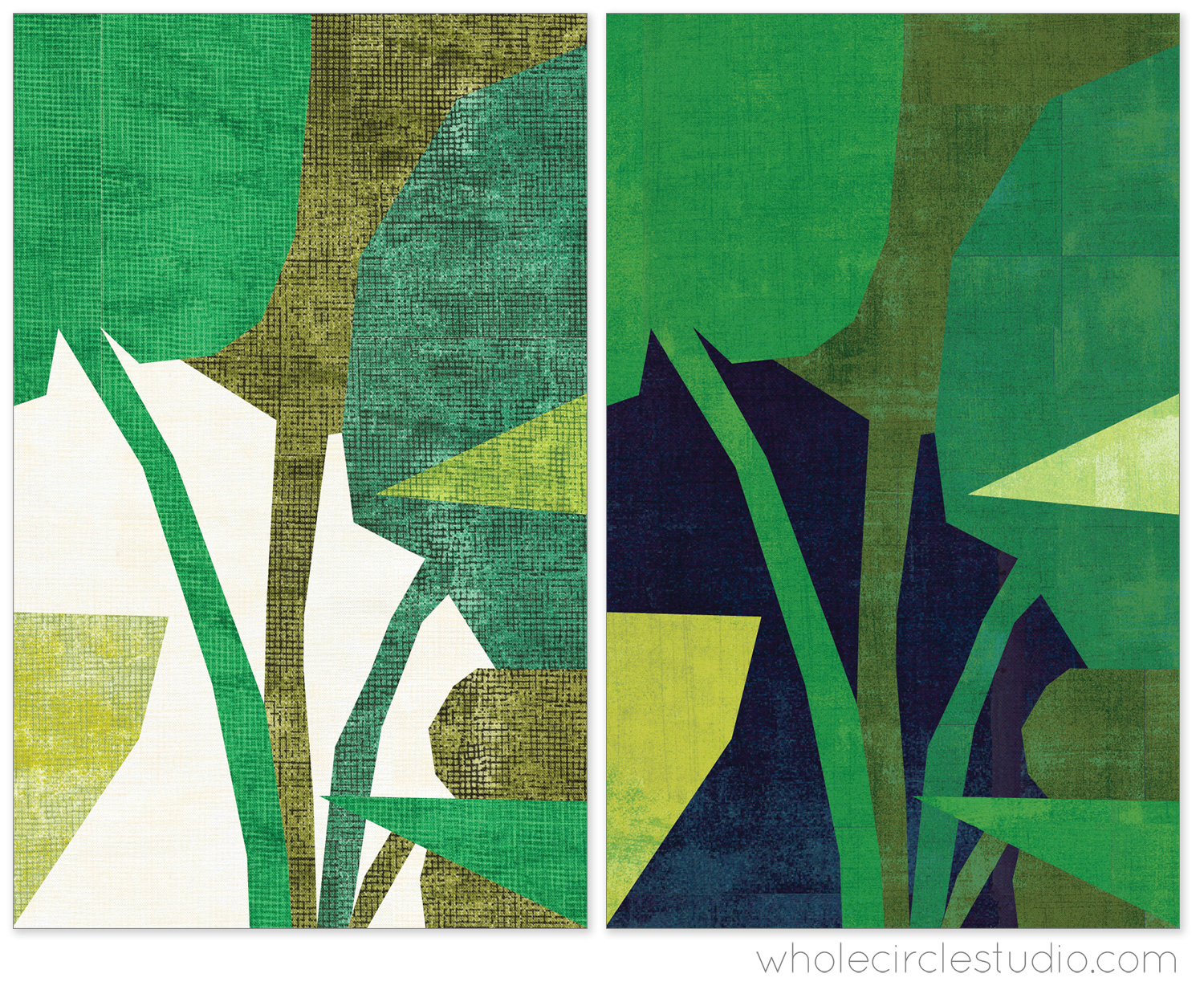quilt block illustration of leaves. One on a light background, one on a dark background