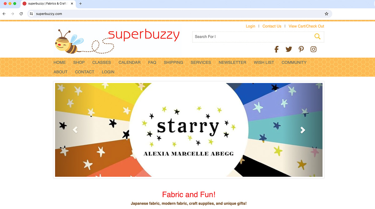 screenshot of superbuzzy website, a fabric and quilt store