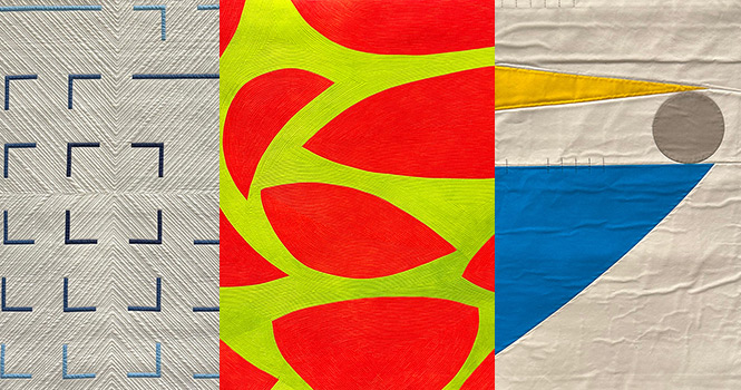 collage of 3 modern, colorful art quilts