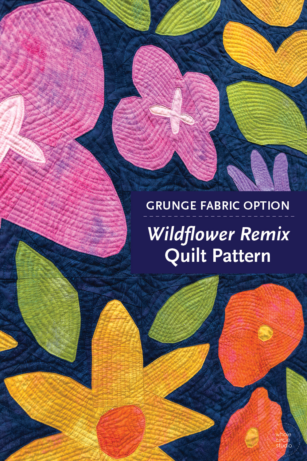 close up of colorful flower quilt on a navy background